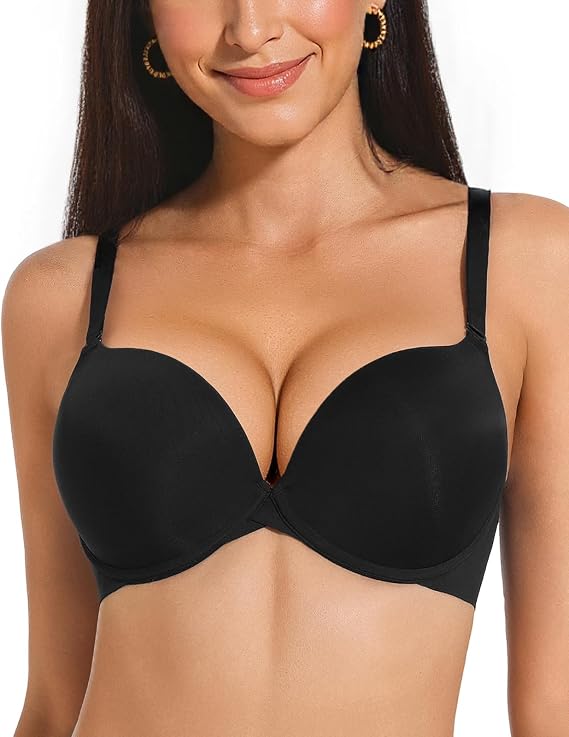 Plunge Padded Push Up Bras for Women Seamless Tshirt Deep V Bra Underwire Add 2 Cups