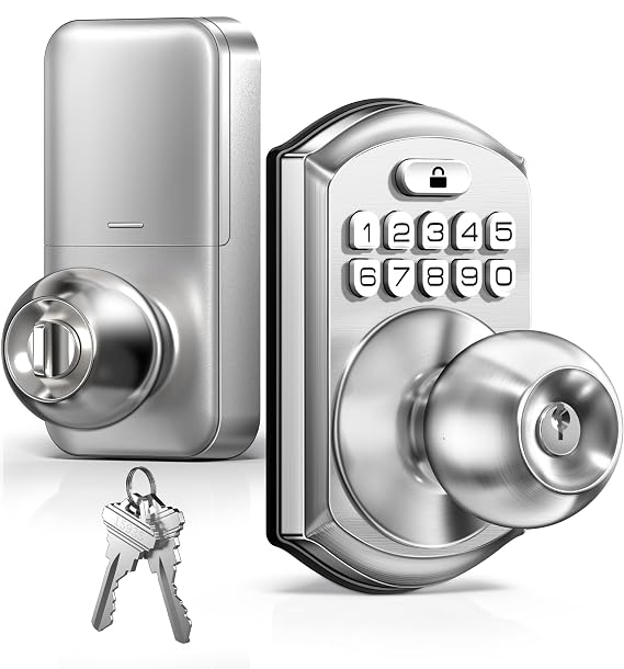 TEEHO TE003 Keypad Door Knob Lock, Keyless Entry Door Handle, Satin Nickel | One Time Code, Auto & One-Touch Lock, Anti-Peeping Code Security, Great for Front Door, Easy Installation, IP54 Waterproof