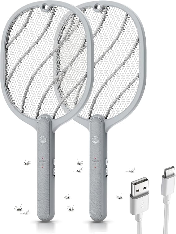 Mosiller Electric Fly Swatter, 3800V Bug Zapper Racket, Rechargeable 1200mAh Mosquito Killer, 3-Layer Safety Mesh, Lightweight, Easy to Use, Indoor Home Office Backyard Patio Camping (Basic 2 Pack)