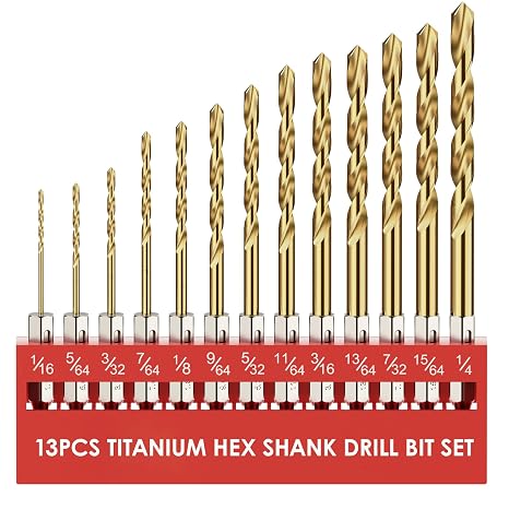 13Pcs(1/16" - 1/4") Hex Shank Titanium Twist Drill Bit Set