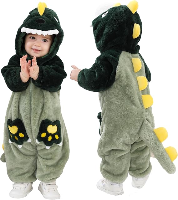LOLANTA Unisex Baby Dinosaur Costume Fleece Hooded Animal Rompers Snowsuit