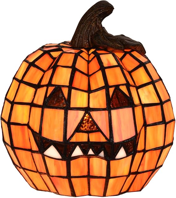 Bieye L10927 Tiffany Style Stained Glass Jack-o'-Lantern Pumpkin Table Lamp
