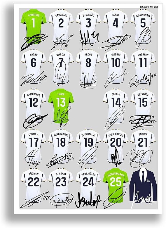 Real Madrid Team Squad 2023-2024 Signed Poster Print Framed Picture Photo Autograph Gift Jude Bellingham Vinicius Jr. (A3 poster only)