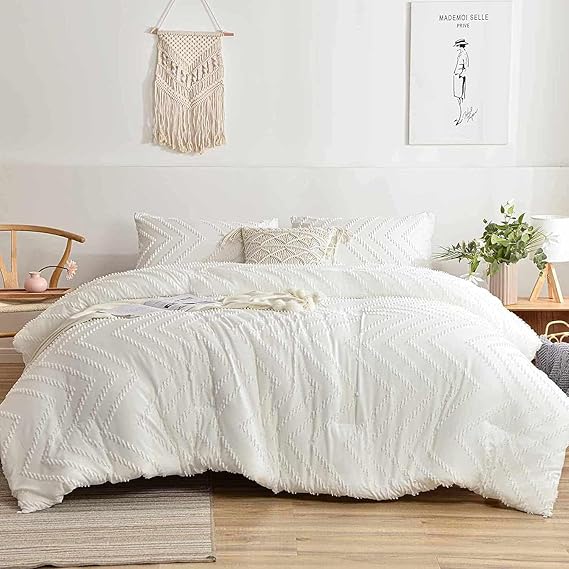 Nanko White Full Comforter Set, Tufted Jacquard Boho Soft Shabby Chic Reversible Down Alternative Microfiber Bedding - All Season Duvet and 2 Pillowcases Farmhouse Bed Sets Women Men 80 x 90 Size 3pc