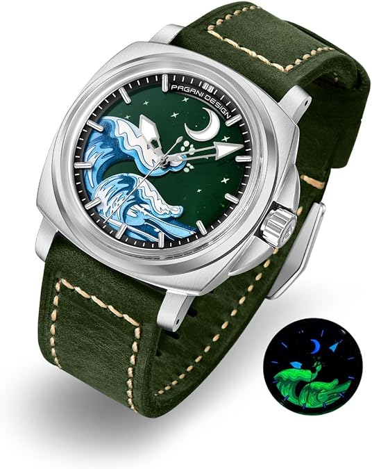 Pagani Design Automatic Watches for Men NH35 Mechanical Movement Classic Vintage Leather Strap, Super Luminous Dial and Hands Scale, 100M Waterproof(Silver Green)