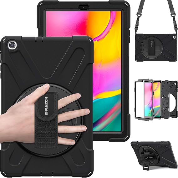 BRAECN Case for Galaxy Tab A 10.1: 2019 SM-T510/ SM-T515/ SM-T517 Black | Heavy Duty Shockproof Protective Rugged Full body Case with 360 Degree Rotating Hand Strap/ Stand and Shoulder Strap
