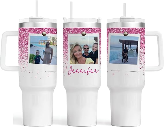 Personalized 40oz Photo Tumbler With Handle and straw | Stainless Steel Insulated Tumbler | Travel Cup | Double Wall Coffee Cup for Hot and Cold Drinks | Custom Tumbler | Picture Tumbler (PINK)