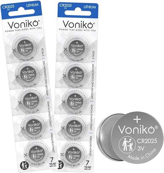 Voniko CR2025 3V Lithium Batteries 10 Pack for Child Safety, Compatible with Remotes, Key Fobs, Watches, Calculators - 7 Years Shelf Life