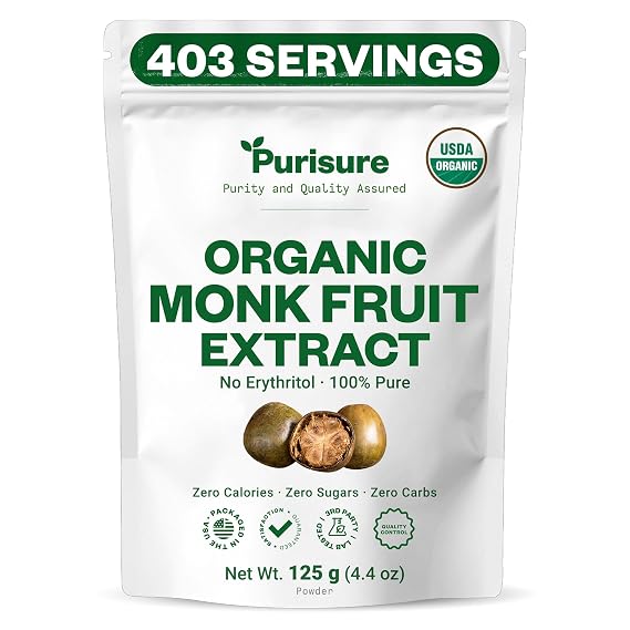 Organic Monk Fruit Extract Powder, 125g (4.4oz), No Fillers Pure USDA Organic Monk Fruit Extract Sweetener with No Aftertaste, Non-GMO, Zero Calorie & Zero Carbs, Keto & Paleo Friendly 403 Servings