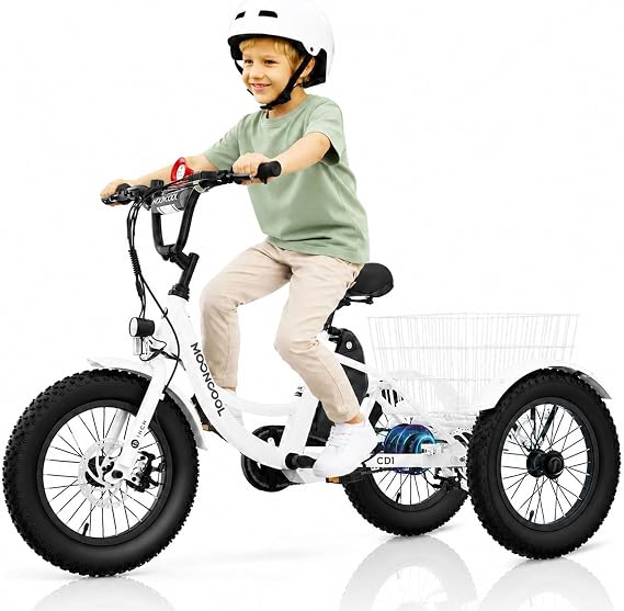 MOONCOOL Electric Tricycle for Kids, 250W 3 Wheel E-Trike, 16in with Basket
