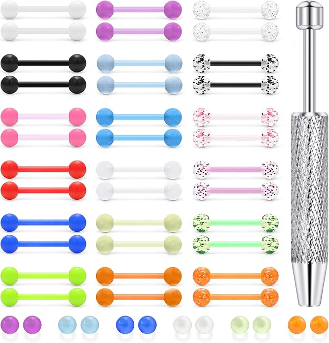 Acrylic Plastic Tongue Rings Glow in the Dark Barbell Piercing Jewelry Set for Women Men, 14G 14MM & 16MM Hypoallergenic Retainers, Silver Gold Rose Mixed Color