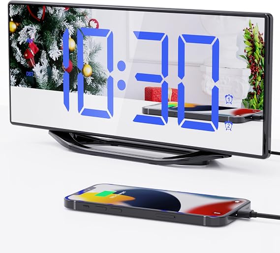 Alarm Clock for Bedroom,8.7"Big Display Digital LED Mirror Clock with 2 Alarms,Adjustable Dimmer&Volume,USB Phone Charger,Plug in Loud Basic Alarm Clock for Deep Sleeper Adult Kid Senior Teen Boy Girl