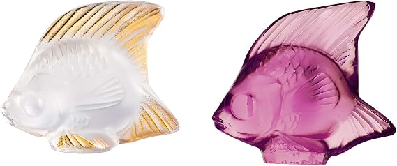 Lalique Crystal Fuchsia & Gold Stamped Clear Fish Figurines