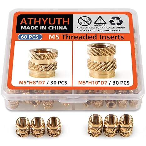 M5 Threaded Inserts Assortment Kit, Female Thread Metric Knurled Nuts, 60 pcs Heat Embedment Brass Nuts for Plastic and 3D Printing Components (30 pcs Each of 8 mm and 10 mm Height)