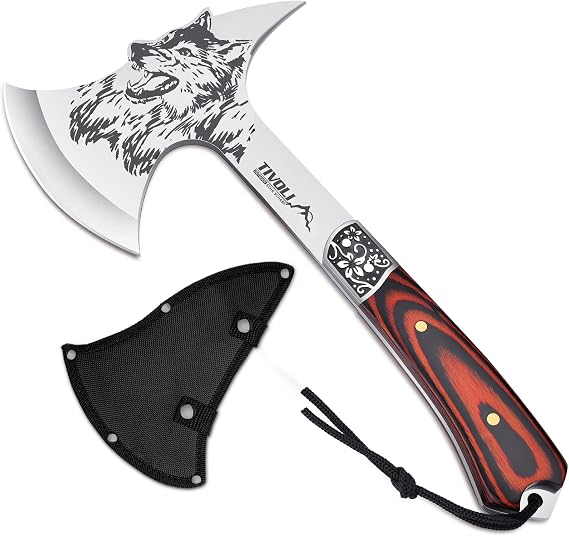 TIVOLI 13" Camping Axe, Wolf - Patterned Survival Hatchet with Nylon Sheath