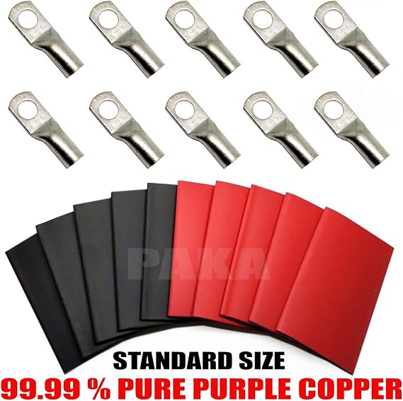 PAKA TOOLS (10) 2 Gauge 2 AWG X 5/16 in TINNED Pure Copper Lug Battery Cable + Heat Shrink