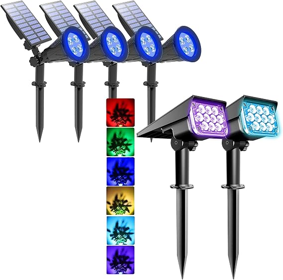 T-SUNUS Blue Solar Spotlights & RGB Solar Lights, Auto-on/Off Security Landscape Light 180 Angle Adjustable Wall Light for Tree,Patio,Yard,Garden,Driveway,Pool Area (6 Pack)