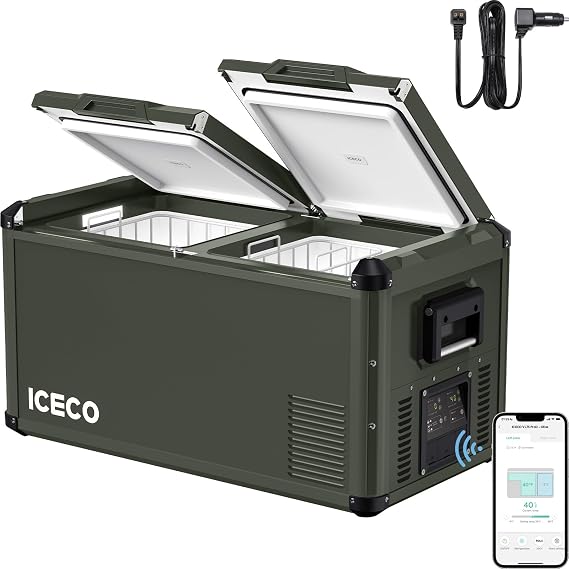 ICECO VL75ProD Portable Refrigerator, 12v Dual Zone Fridge Freezer with SECOP, 79Qt 12V Portable Freezer with Reversible Lid, Bluetooth Connect, 0F-50F, Car Fridge AC/DC For Car, Home with DC Cable
