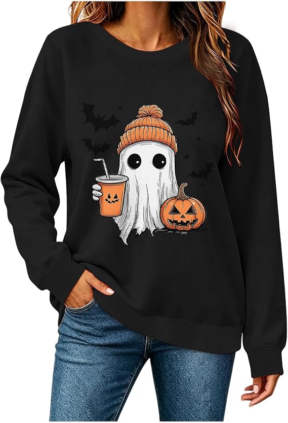 Halloween Crewneck Sweatshirt for Women Cute Fall Ghost Graphic Pullover