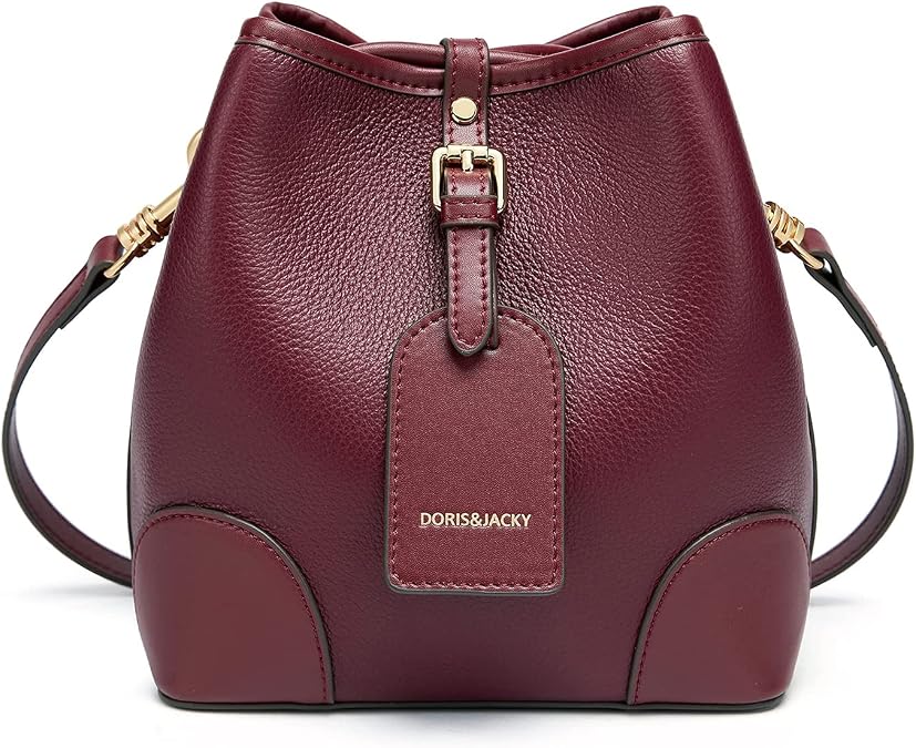 DORIS&JACKY Small Leather Bucket Crossbody Shoulder Purse for Women