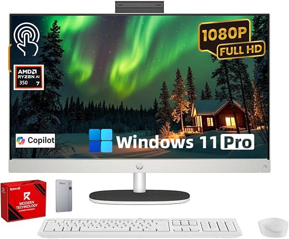HP 27" FHD Touchscreen 2TB Mega Storage All-in-One Desktop Computer, 16GB DDR5 RAM, 2TB Storage (1TB SSD + 1TB External), AMD Ryzen 5 7520U Processor, WiFi6, Wireless Keyboard & Mouse, Windows 11