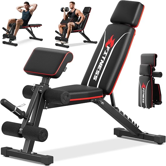Foldable Weight Bench 800LBS, Adjustable Workout Bench with 10 Backrest Positions & Extended Headrest, Incline Decline Flat Bench Press for Home Gym Small Space Strength Training