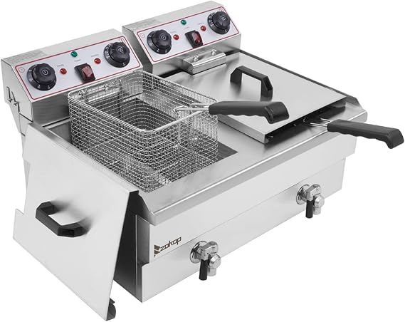 Deep Fryer Heavy duty Faucet Stainless Steel Electric Countertop Basket (Double Cylinder 24.9QT/23.6L)