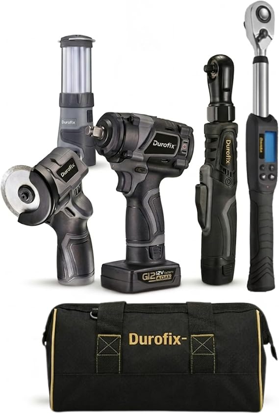 Durofix RI12184-K1 12-Volt Brushless 5-Tool Combo Kit, 1/2-Inch 400 ft-lb Stubby Impact Wrench, 3/8-Inch Compact Ratchet, Digital Torque, Cut-Off Tool, Light, 4.0Ah and 2.0Ah