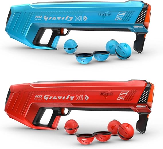 SPYRA 2 Pack Powerful Electric Water Bomb Launcher, Summer Toy with 4 Reusable Water Bombs, LED Display, and 52 Foot Range, SpyraGravity, Blue & Red