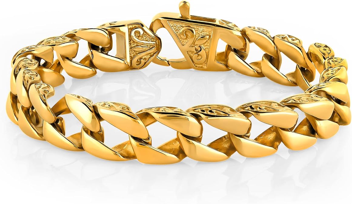 Urban Jewelry Mens 24K Gold Plated Fleur Lis Link Bracelet Bold Chain Style | Fleur Link Bracelet 24K Gold Plated Fade Resistant Shine Polished Link Finish Sturdy Chain Style Timeless Wrist Style