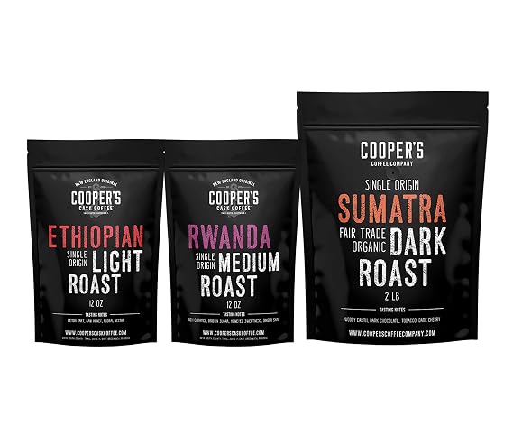 Organic Dark Roast Sumatra Whole Bean Coffee - 2lb Bag, Ethiopian Bold Light Roast Grade 1 - Whole Bean Coffee - 12oz Bag, and Rwanda Full Bodied Medium Roast Whole Coffee Beans - 12oz Bag
