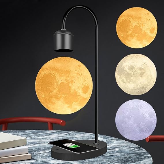 Magnetic Levitating Moon Lamp with Phone Wireless Charging Pad Changeable 3 Colors 3D Moon Levitation Floating Mood Night Light Table Lamp Christmas Gift Home Decoration