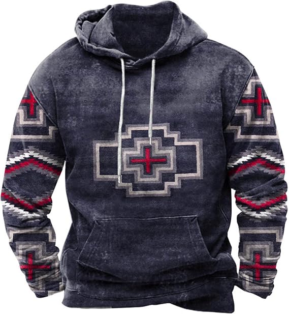Aymnlox Western Aztec Ethnic Graphic Hoodies Sweatshirts for Men 2023 Fall Fashion Long Sleeve Casual Ethnic Print Pullover