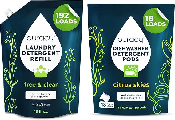 Puracy Laundry Detergent Refill - Enzyme-Powered Liquid Detergent Concentrate, (Free & Clear, 192 Loads) and Natural Dishwasher Pods - Non Toxic Dishwasher Detergent (Citrus Skies, 18 Loads)