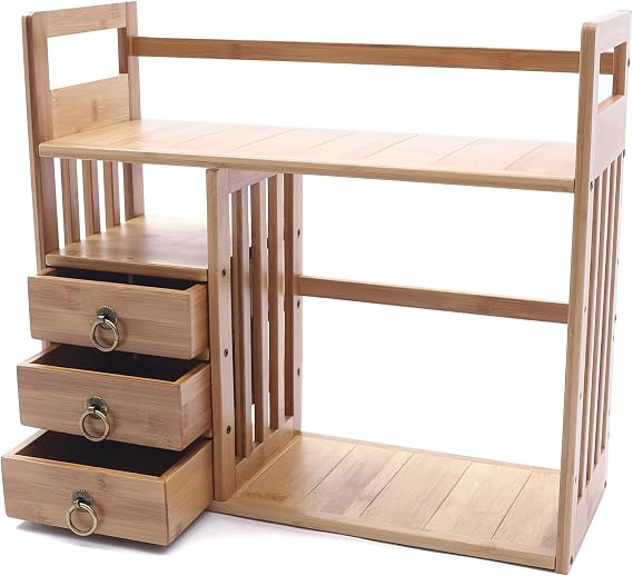 Bamboo Desktop Bookshelf Organizer, Double Layer Countertop Book Shelf with 3 Drawers, Desk Hutch Bookcase Organizer Display Shelf Rack for Office Home