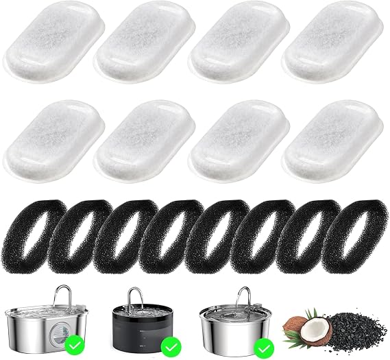 16 Pcs Cat Water Fountain Filters 8 Pcs Activated Carbon Filters with 8 Pcs Foam Filters Pet Water Fountains Filter Replacement