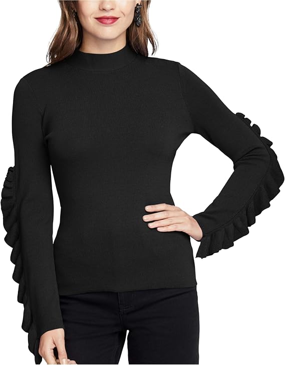 Rachel Roy Womens Ruffle-Sleeve Knit Sweater, Black, Small