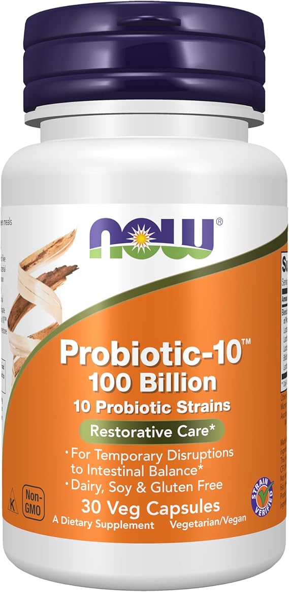 NOW Supplements, Probiotic-10TM, 100 Billion, with 10 Probiotic Strains,Dairy, Soy and Gluten Free, Strain Verified, 30 Veg Capsules