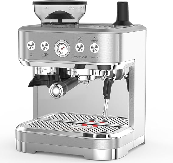 Bean to Cup Coffee Machine, Espresso Machine with Built in Bean Grinder & Milk Frother, Latte & Cappuccino Coffee Maker with 15 Bar Italian Pump, Easy Clean Stainless Steel 41x39x44cm