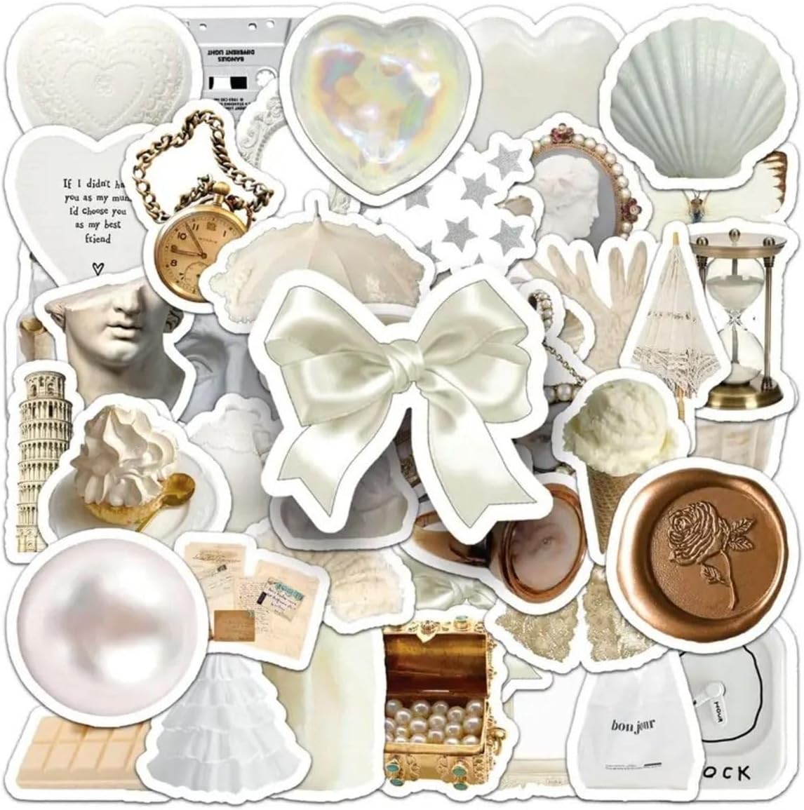 50'Li White Aesthetic Temalı Sticker Etiket Seti - Beyaz Sticker - Laptop Notebook Telefon