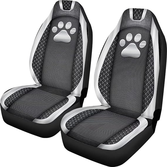 Dog Paw Carbon Fiber Texture Print Car Seat Cover Auto Interior Accessories Front Driver Seat Covers Car Seat Covers fit Most Car, Set of 2