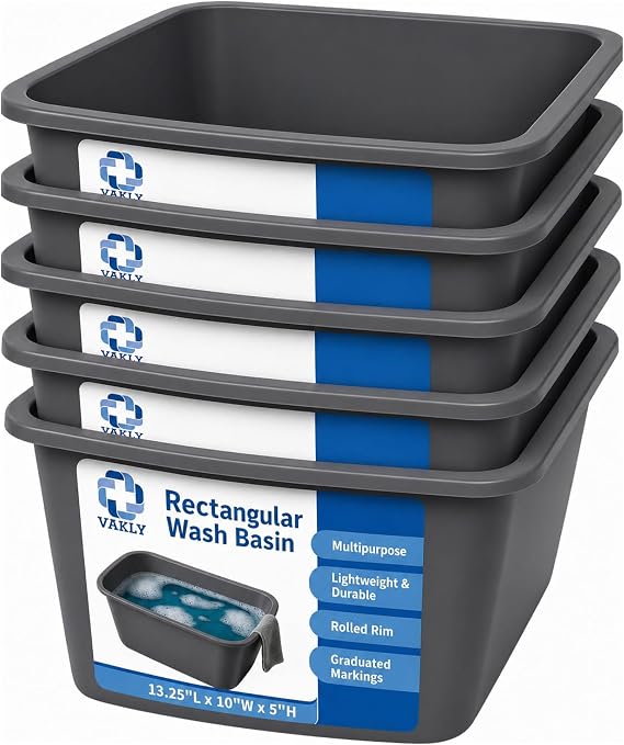 Vakly Plastic Wash Basin, 7 Qt, Rectangular, Graduated, 5 Pack