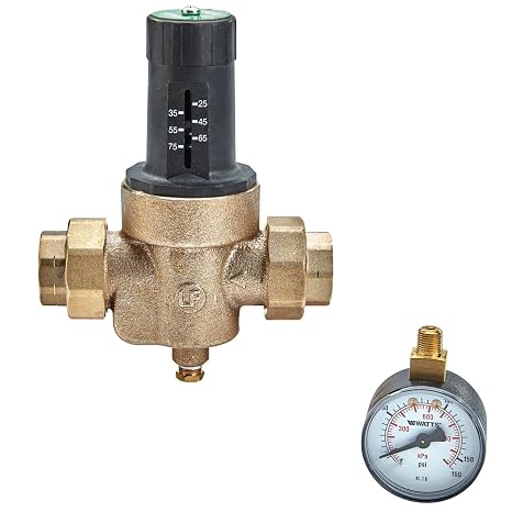 Watts 1-Inch Lead-Free Water Pressure Reducing Valve, Double Union, NPT Threaded Union Female Inlet/Outlet, Adjust 25-75 PSI, Gauge Tapping, 160 PSI Gauge
