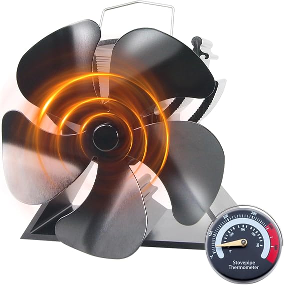 5 Blades Log Burner Fan 4.9inches/12.5cm Mini Stove Fan with Stove Thermometer Small Woodburning Fan for Small Space on Wood/Log Burner/Fireplace Top
