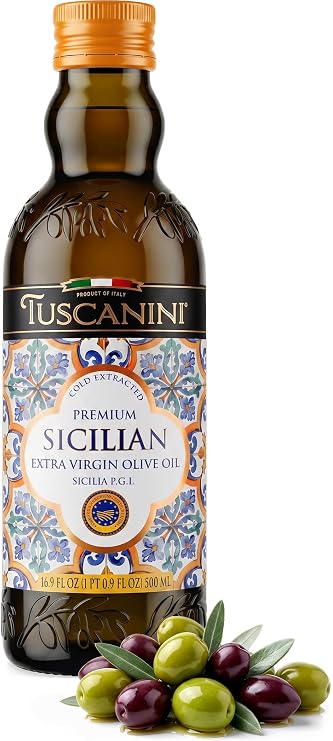 Tuscanini Premium Sicilian Extra Virgin Olive Oil, 16.9 Fl Oz (500ml) - First Cold Extracted Italian EVOO - Sicilia P.G.I. Certified - Dark Glass Bottle for Cooking, Salads & Dipping
