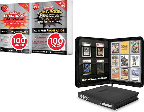 EVORETRO Comic Bags & Boards + Toploader Binder Bundle 100 Silver Age Comic Protectors + 216 Slot Card Binder