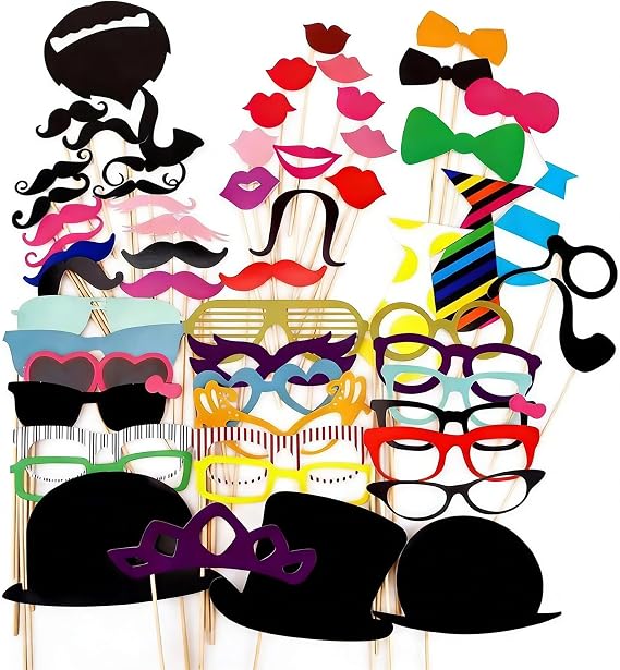 58 Pcs Funny Photo Booth Props, Selfie Props For Birthday Wedding Parties | Assorted Paper Party Props Including Moustache, Glasses, Hats & Lipstick, Suitable For Prom, Disco And Mardi Gras Events