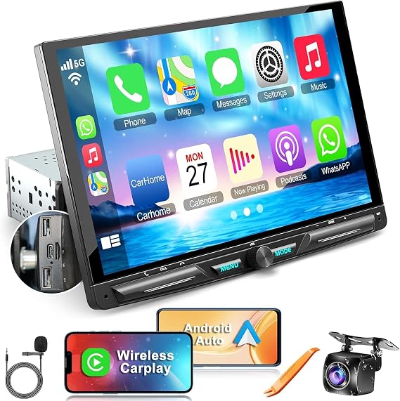 Wireless 10.1" Single Din Car Stereo CarPlay Radio, Carplay Android Auto Touch Screen, Bluetooth 5.3, Car Audio Receiver, 240W Subwoofer, Backup Camera, FM/AM SWC