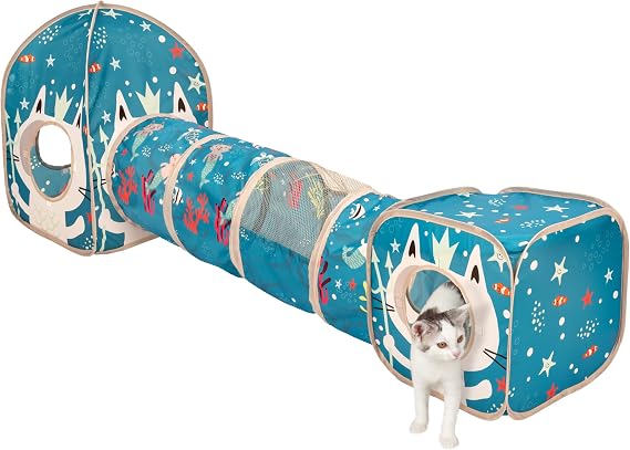 Kitty City Ocean-Themed Cat Play Furniture Set, Collapsible Pop-Up Cat Toys Combo with Cube, Tunnel & House, Indoor Kitty Playground for Play, Hiding & Lounging