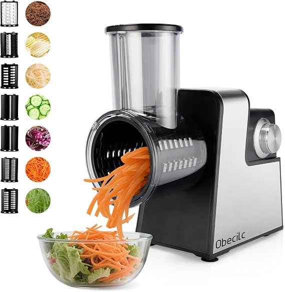 Upgraded 300W Electric Cheese Grater for Block Cheese with 7 Stainless Steel Blades for Slicing, Shredding, Grinding Vegetables, Fruits & Nuts, One-Touch Control